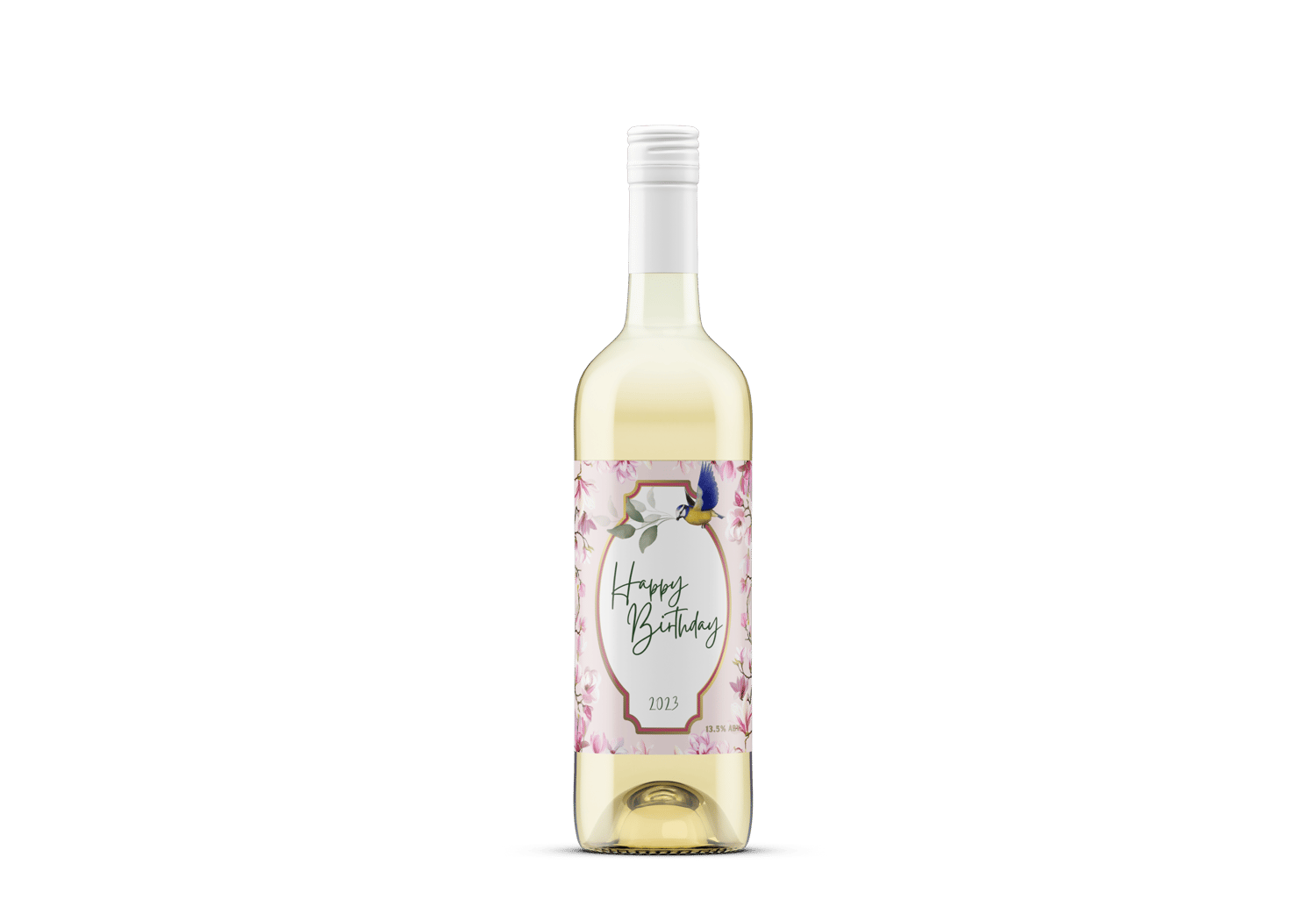 Pink Magnolia Flower Sticker Label 4"x6" | Customizable Canva Template | Digital. Mock sticker on wine bottle