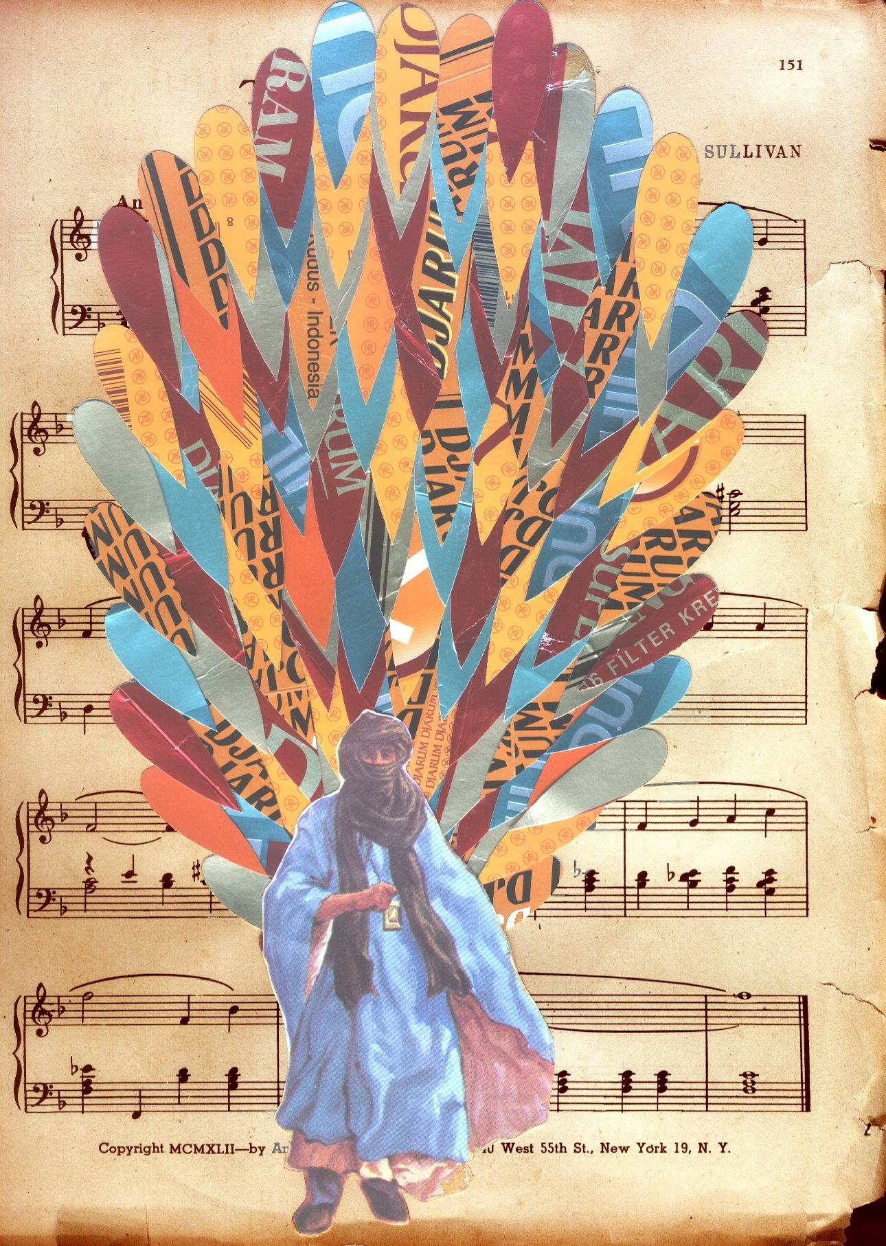an image of a browning musical sheet with tear-shaped details in blue, yellow and dark red coming out of an image of a man wearing dessert tunic. Pretty Messiah, 2009. Manual Collage. Art by Vantiani.