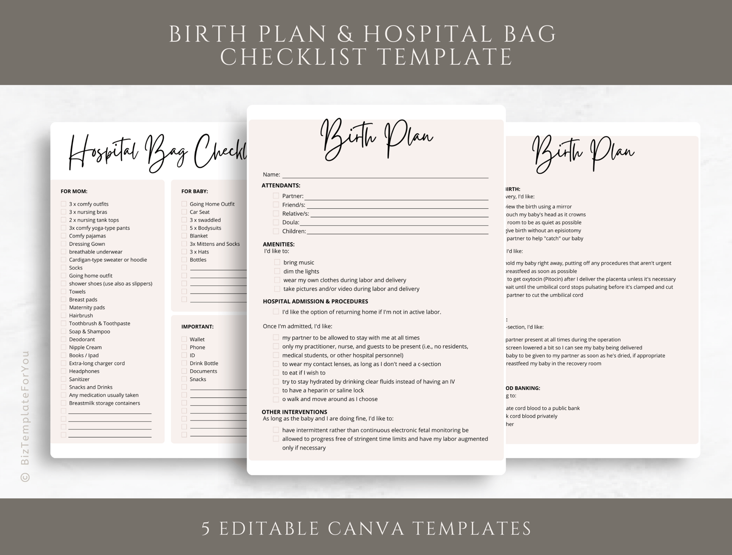 Birth Plan & Hospital Bag Checklist Bundle, Birth Plan Template Editable,  Printable PDF and Canva Template for Doulas and Birth Professional #1062 -  Payhip