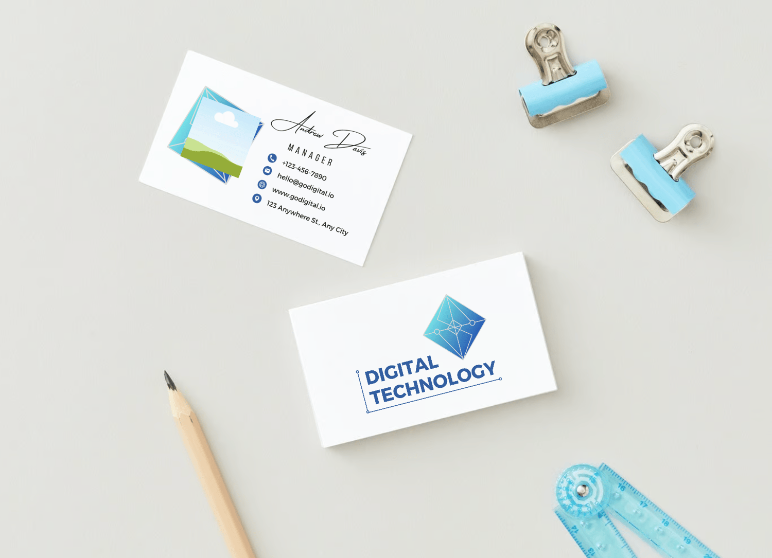 Customizable Contemporary geometric design Business Card Template for Canva - Small Business Branding, mock blue gradient