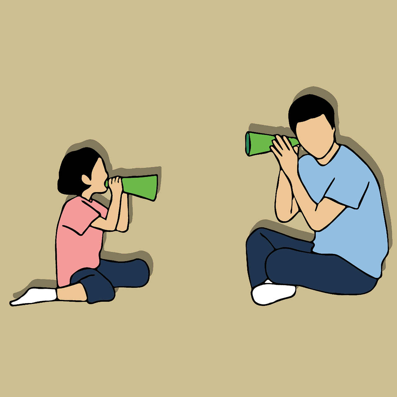 Padre con camiseta azul en pose de escucha e hija pequeña con camiseta rosa hablando a través de vasos verdes