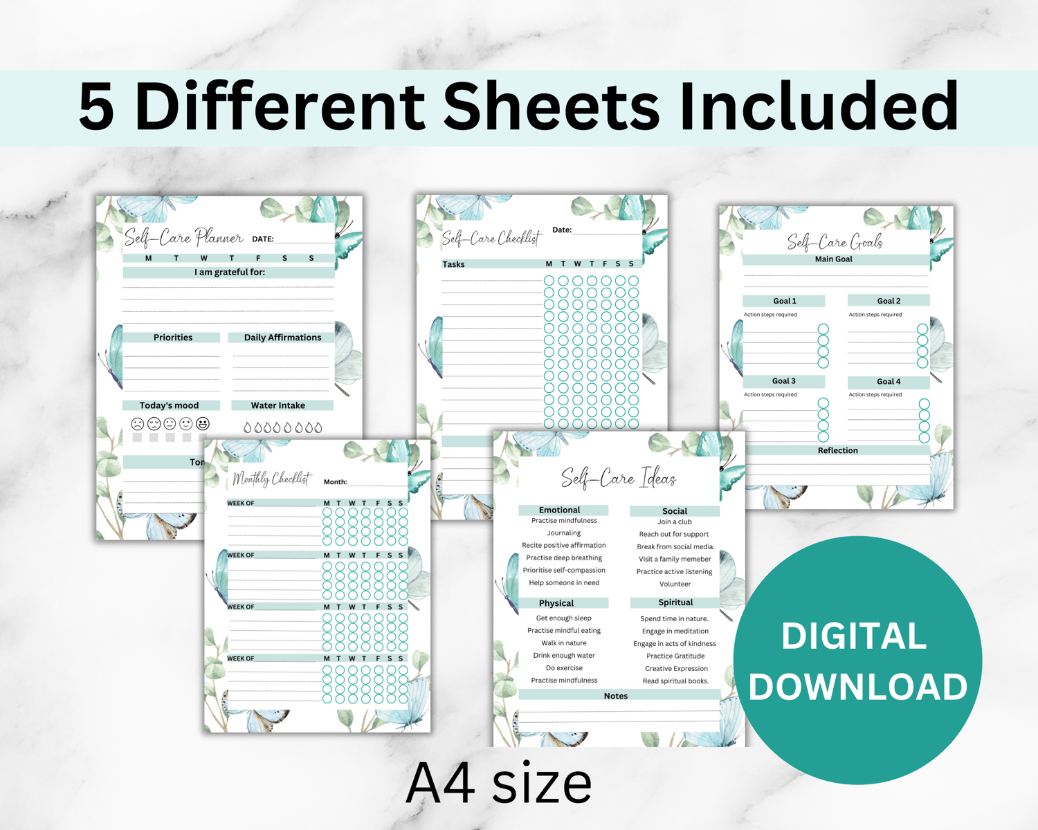 5 different self-care sheets