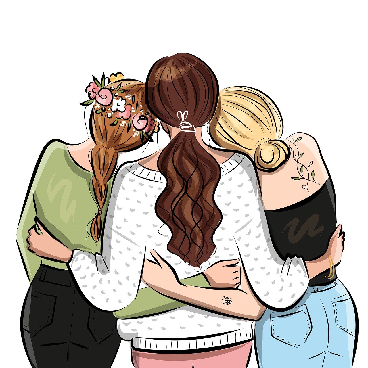 Tres amigas abrazadas, chicas de espalda de cabello largo castaño y rubio, visten una camiseta verde, pantalón negro, tiara de flores; jersey de punto blanco, pantalón rosa, lazo, y brazalete; top negro, vaquero, tatuaje floral, y moño, respectivamente