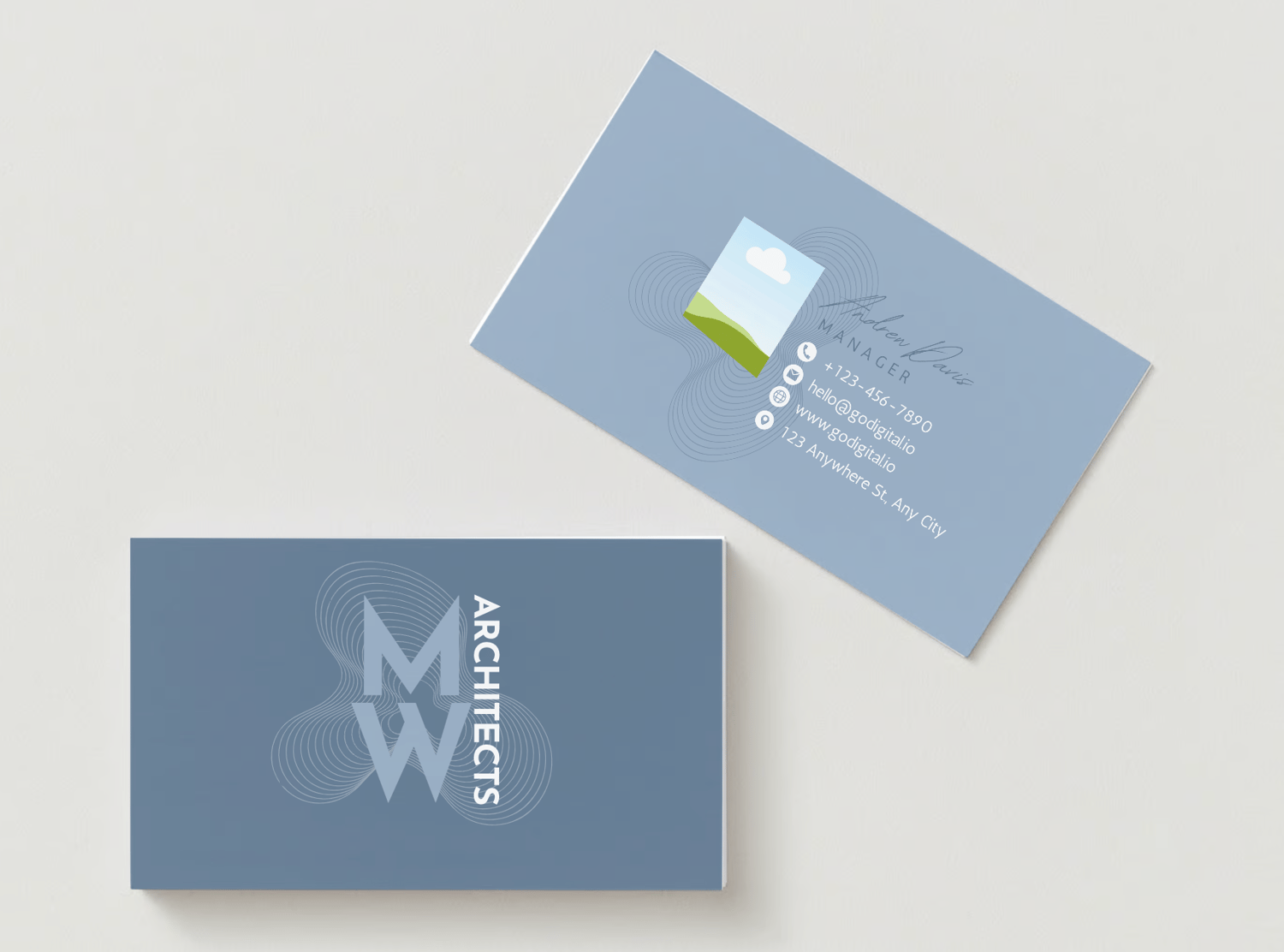 Customizable Modern Bold Initials Design Business Card Template for Canva - Small Business Branding, mock gray blue front