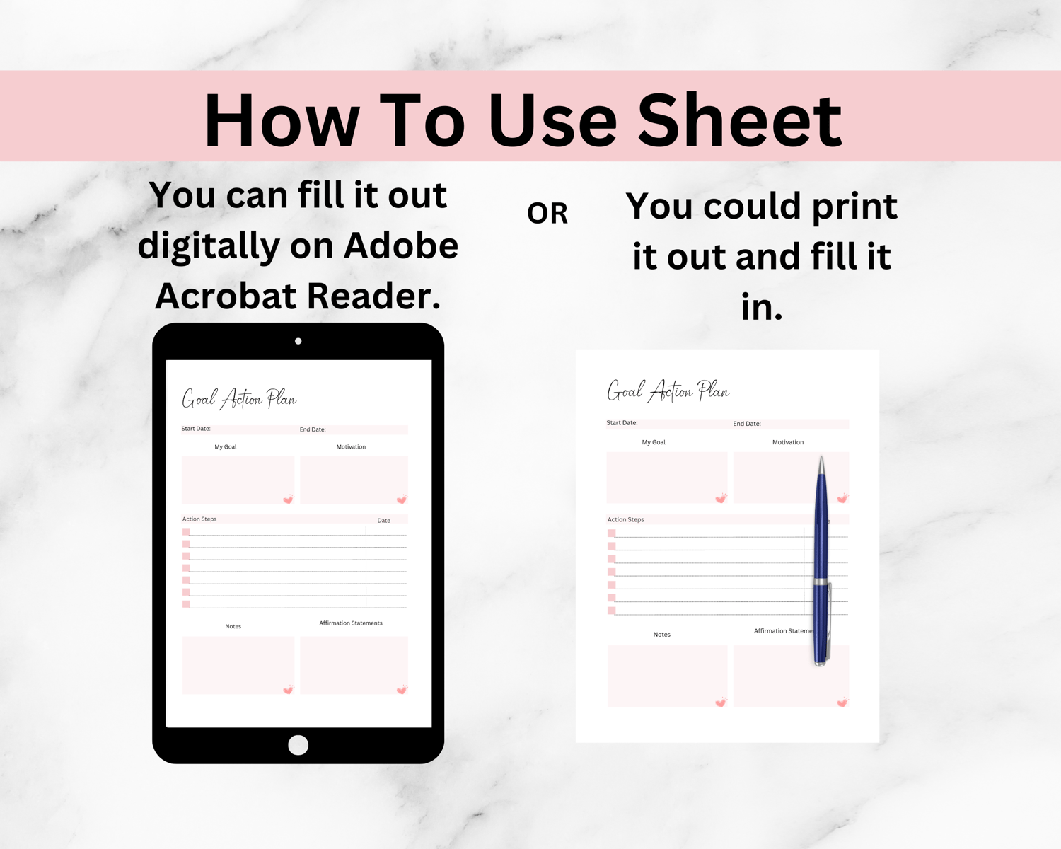 Goal Planner instruction sheet