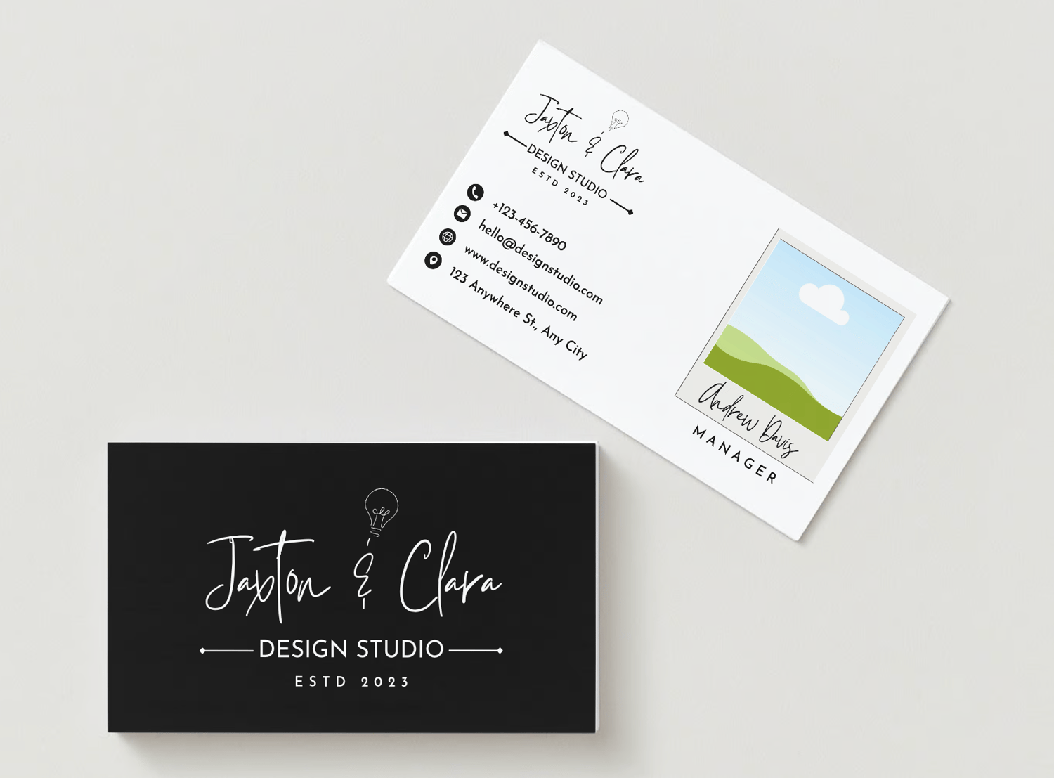 Customizable Elegant hand-drawn script Business Card Template for Canva - Small Business Branding, mock black front