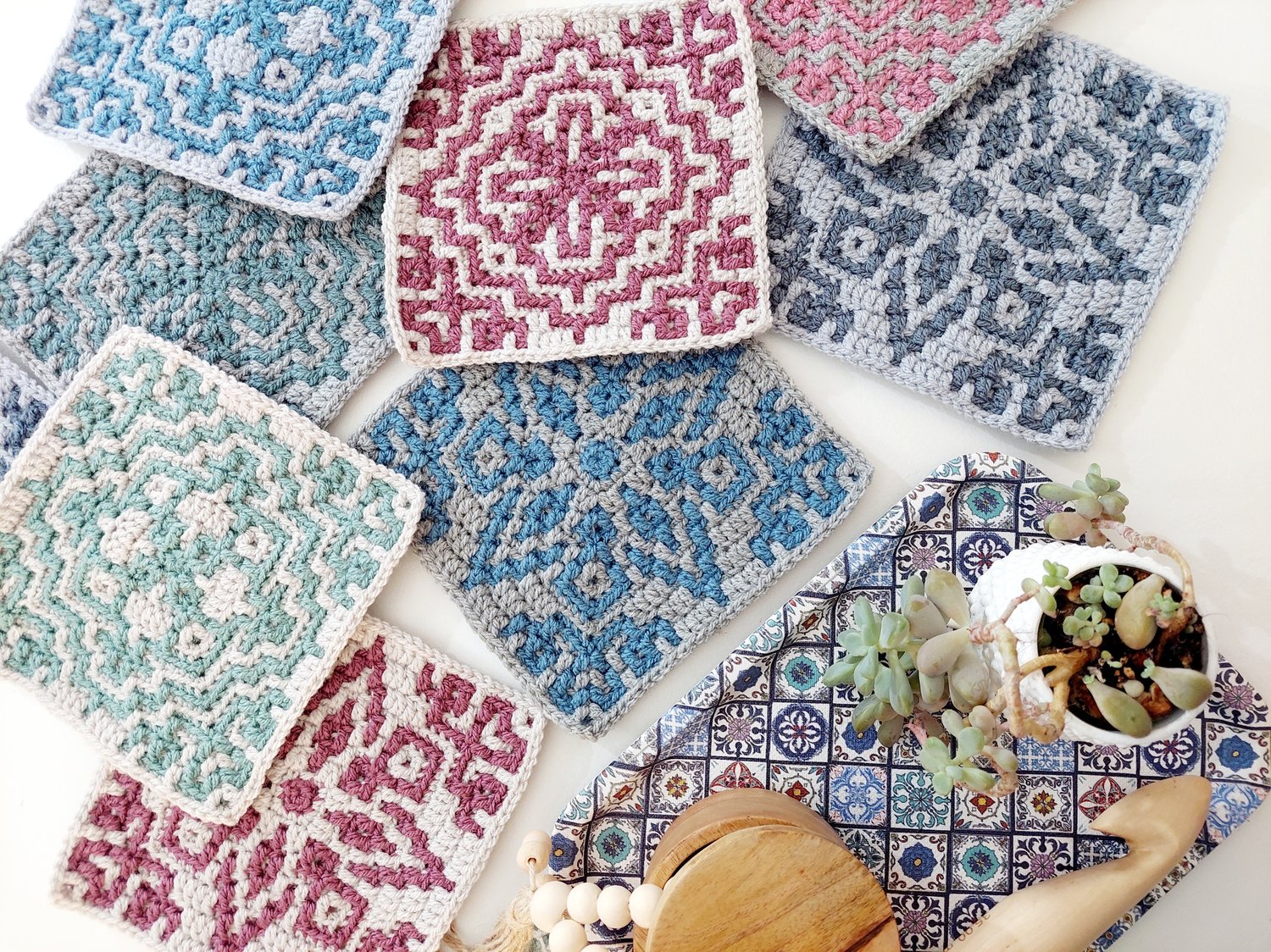 Summer Mosaic Jewels. Three overlay mosaic crochet in rounds motif patterns