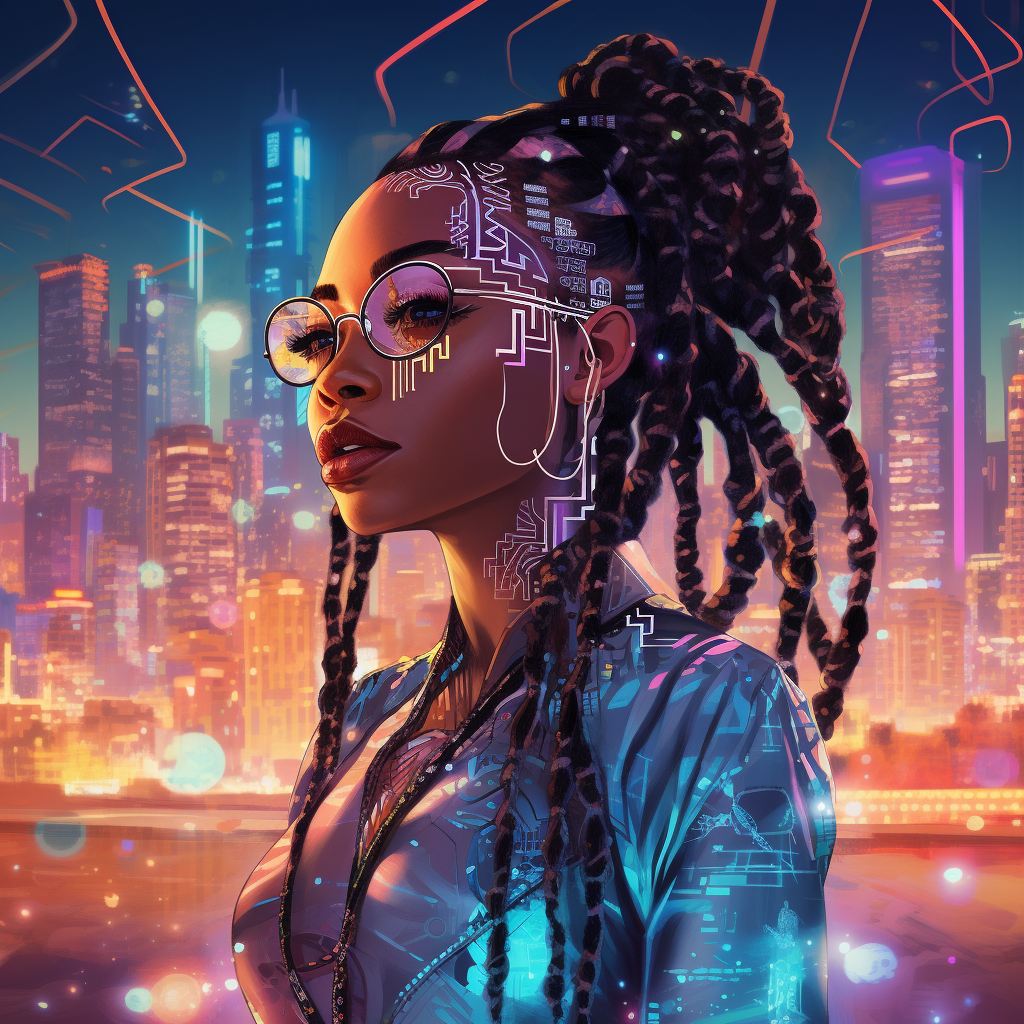 An illustration of a Black woman in a cyber world