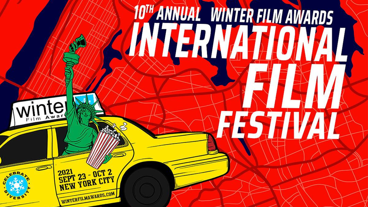 red background with yellow NY cab and NY statue of liberty in the foreground, holding popcorn cup, with the following words: 10th Annual Winter Film Awards International Film Festival written in white