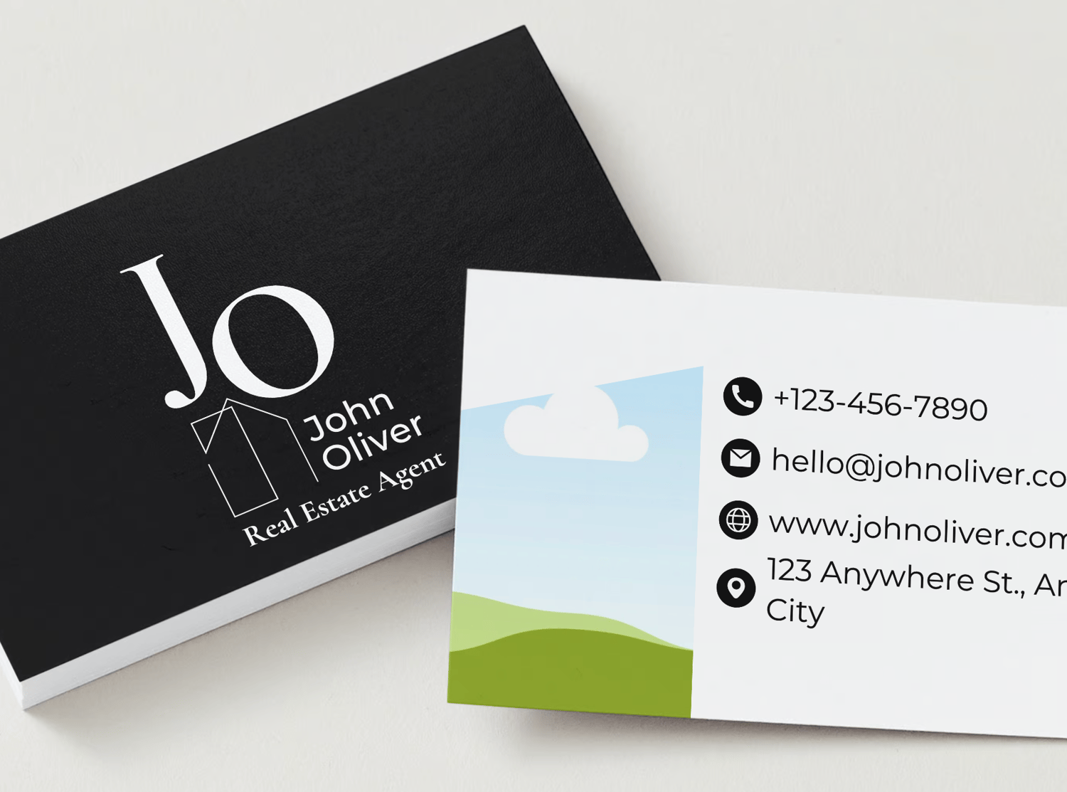 Customizable Modern, minimalist initials with house motif Business Card Template for Canva - Small Business Branding, mock black front