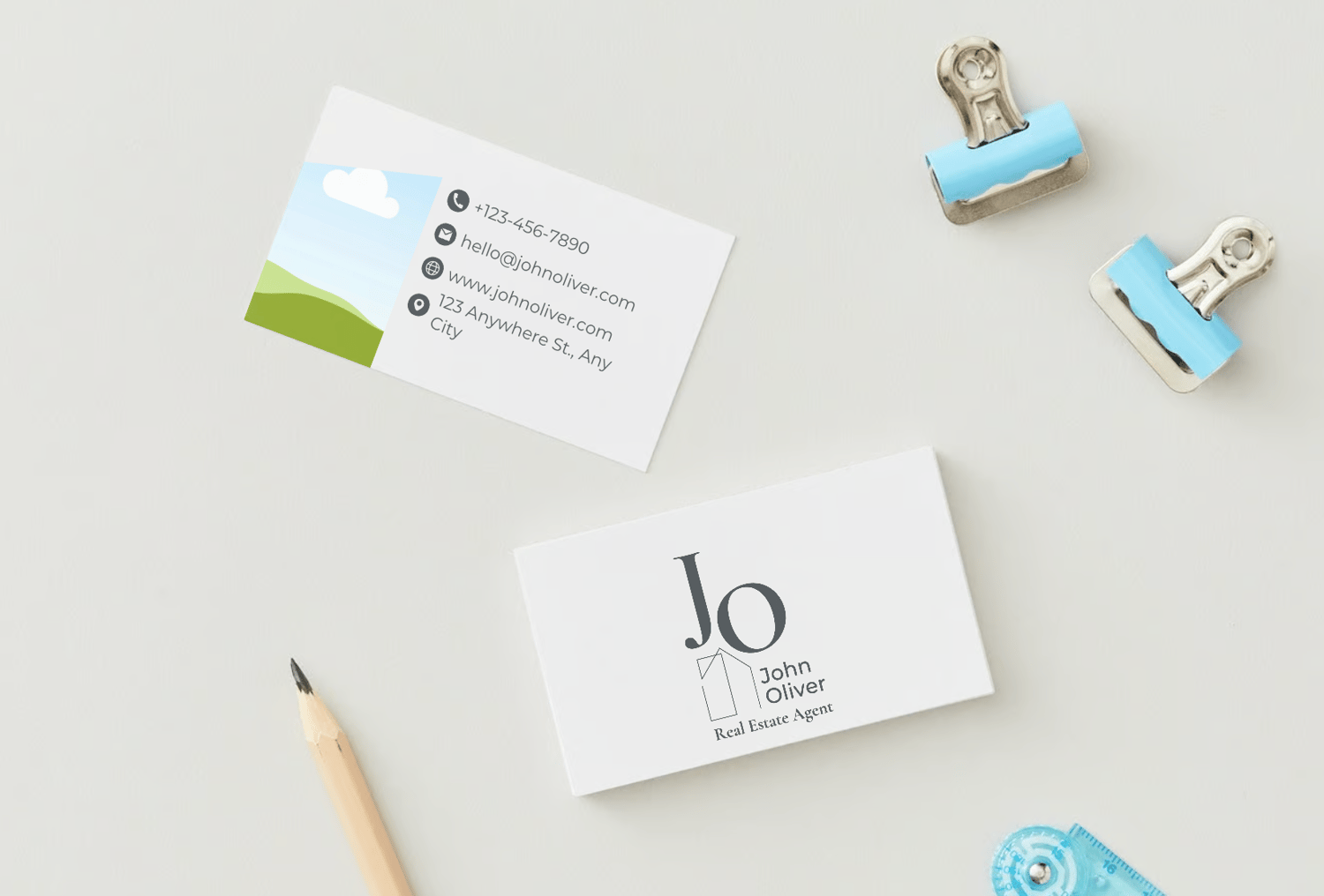 Customizable Modern, minimalist initials with house motif Business Card Template for Canva - Small Business Branding, mock pale gray