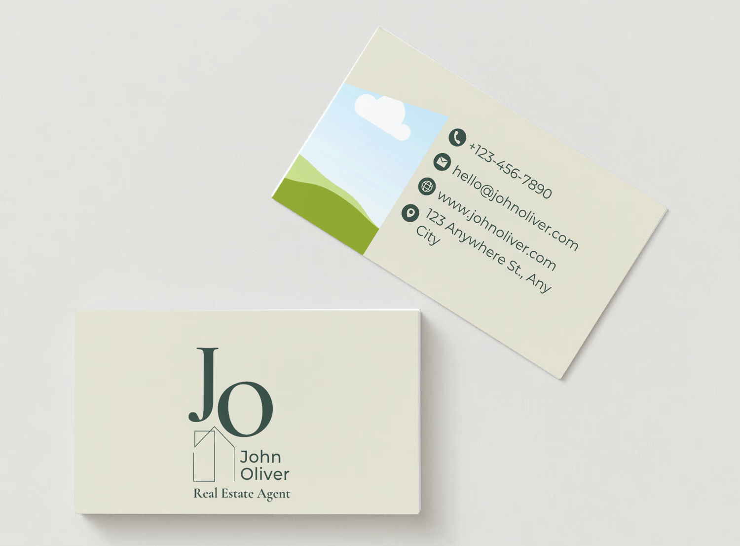 Customizable Modern, minimalist initials with house motif Business Card Template for Canva - Small Business Branding, mock beige