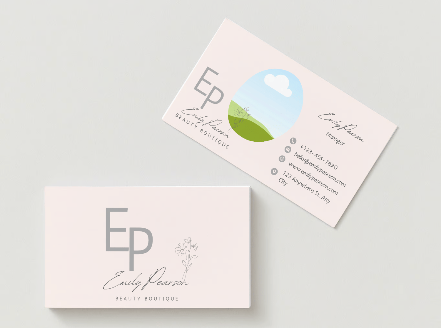 Customizable Modern initials with floral accents Business Card Template for Canva - Small Business Branding, mock pale pink