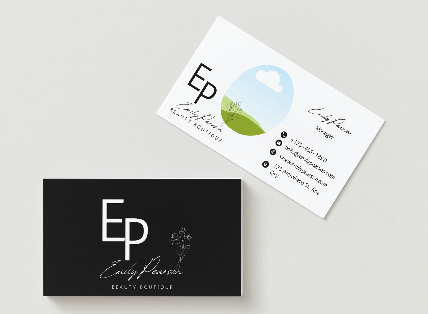 Customizable Modern initials with floral accents Business Card Template for Canva - Small Business Branding, mock black front