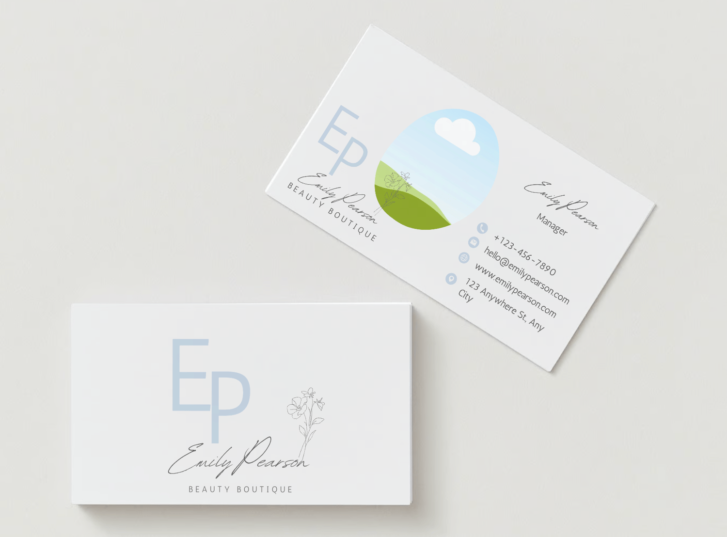 Customizable Modern initials with floral accents Business Card Template for Canva - Small Business Branding, mock pale gray