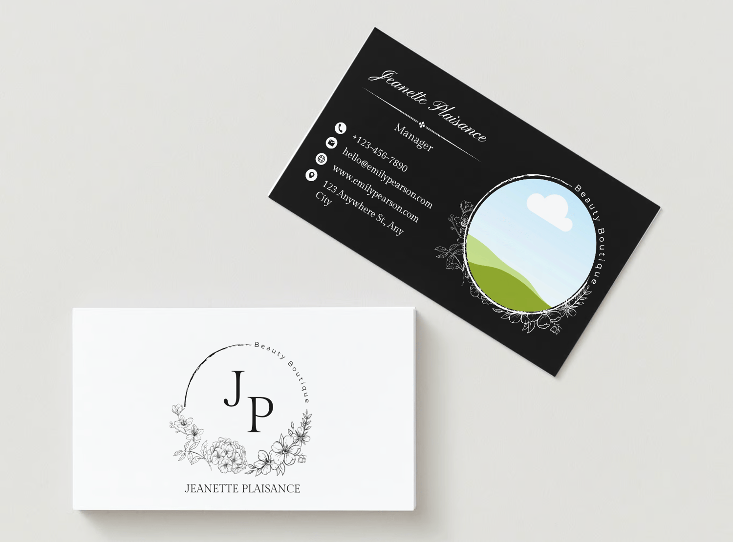 Customizable Classic initials in a circular floral frame Business Card Template for Canva - Small Business Branding,mock white front