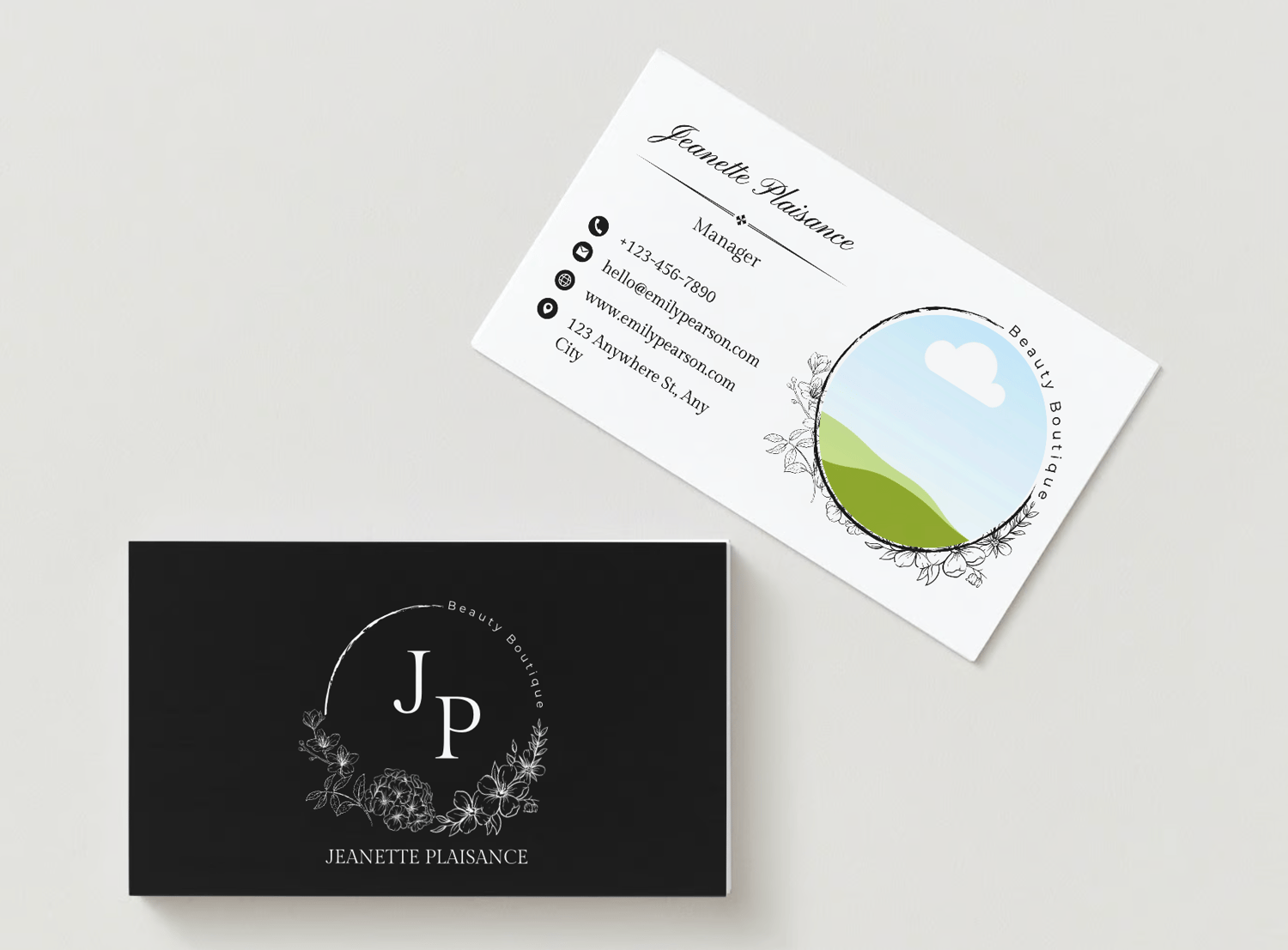 Customizable Classic initials in a circular floral frame Business Card Template for Canva - Small Business Branding, mock black front
