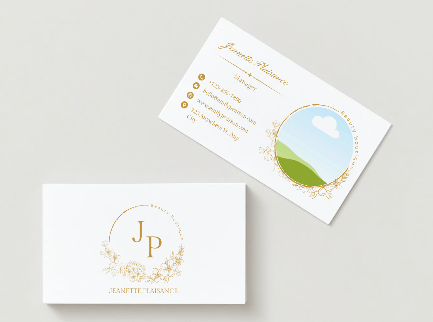 Customizable Classic initials in a circular floral frame Business Card Template for Canva - Small Business Branding, mock gold