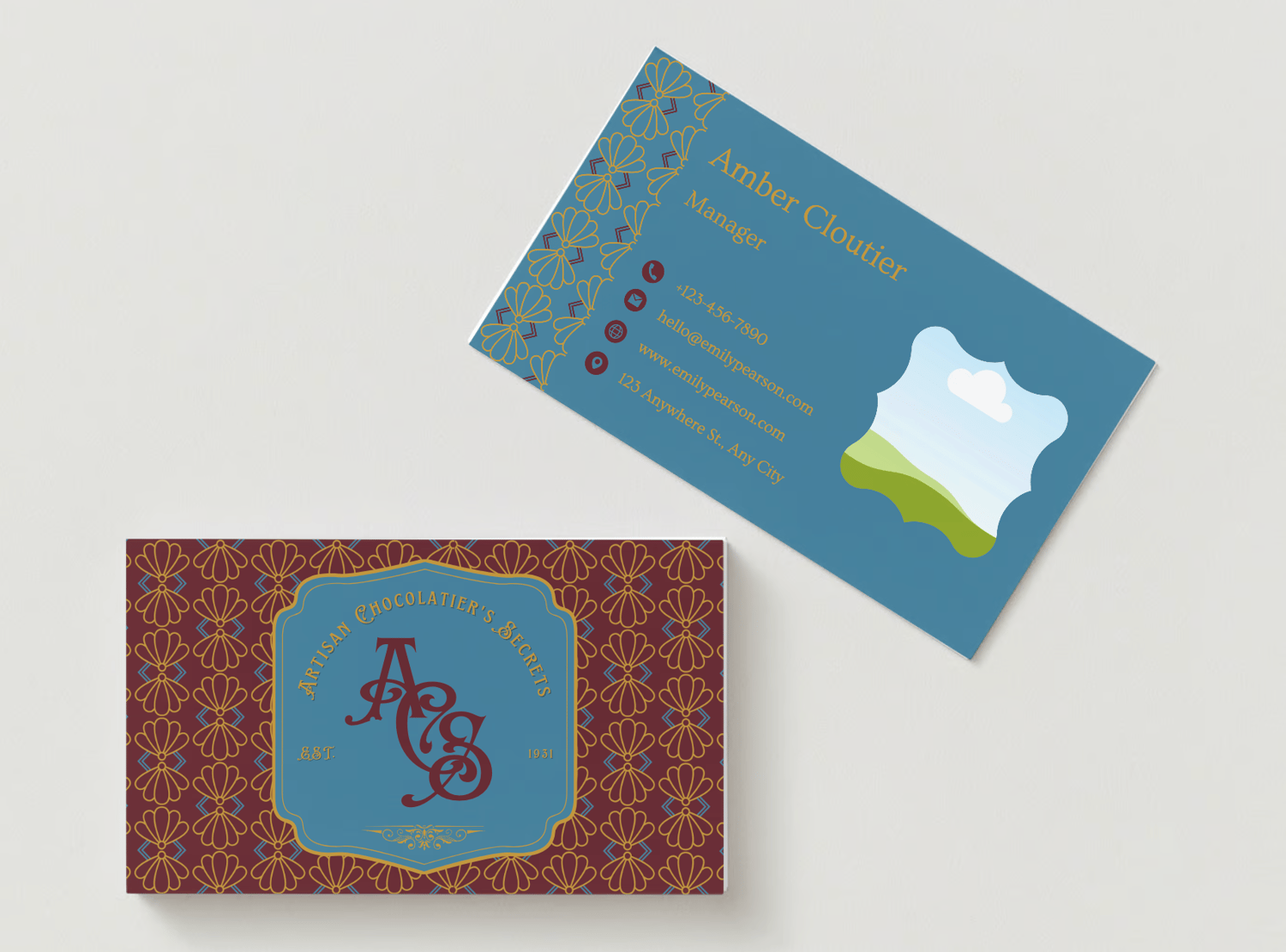 Customizable Classic, elegant initials in European style Business Card Template for Canva - Small Business Branding, mock chocolate front