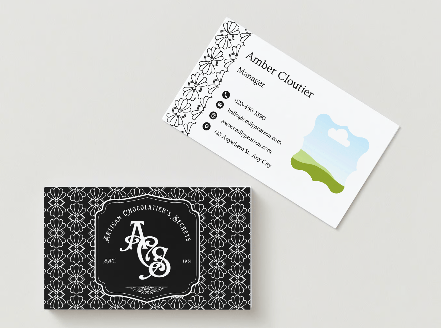 Customizable Classic, elegant initials in European style Business Card Template for Canva - Small Business Branding, mock black front