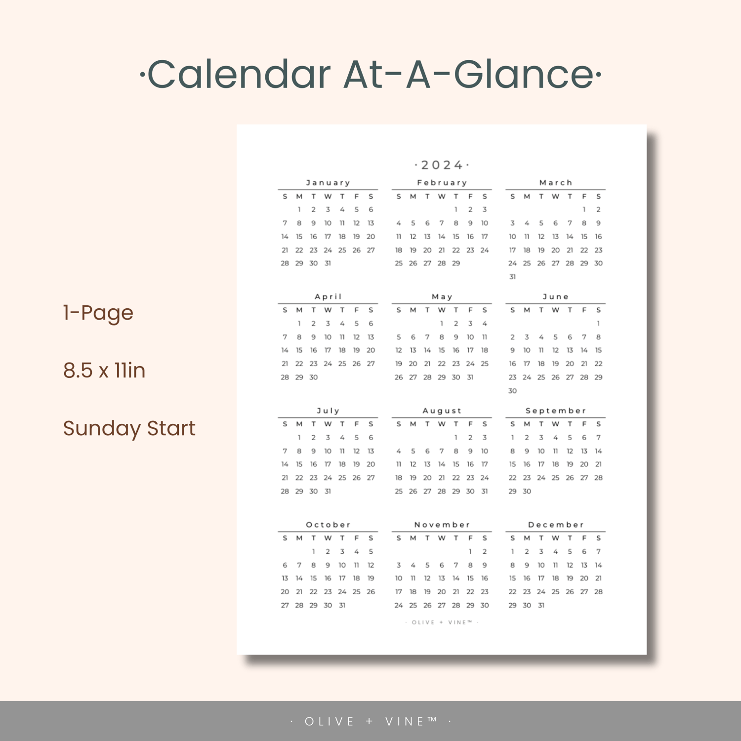2024 Printable Year Calendar At-A-Glance