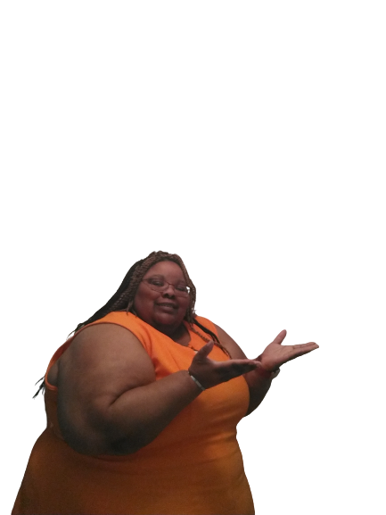 Black female wearing orange dress holding both hands out with palms up