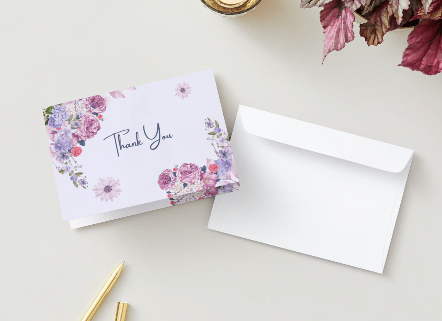 Purple Full Bloom Floral Folded Card Landscape | Customizable Canva Template | Digital. Mock outside front