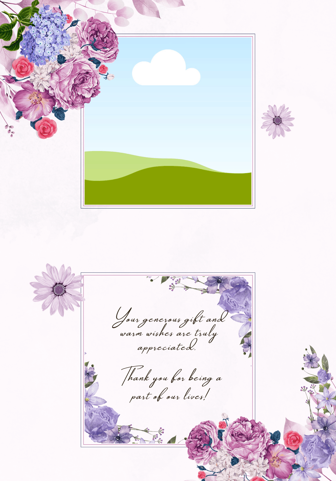 Purple Full Bloom Floral Folded Card Landscape | Customizable Canva Template | Digital. Inside design