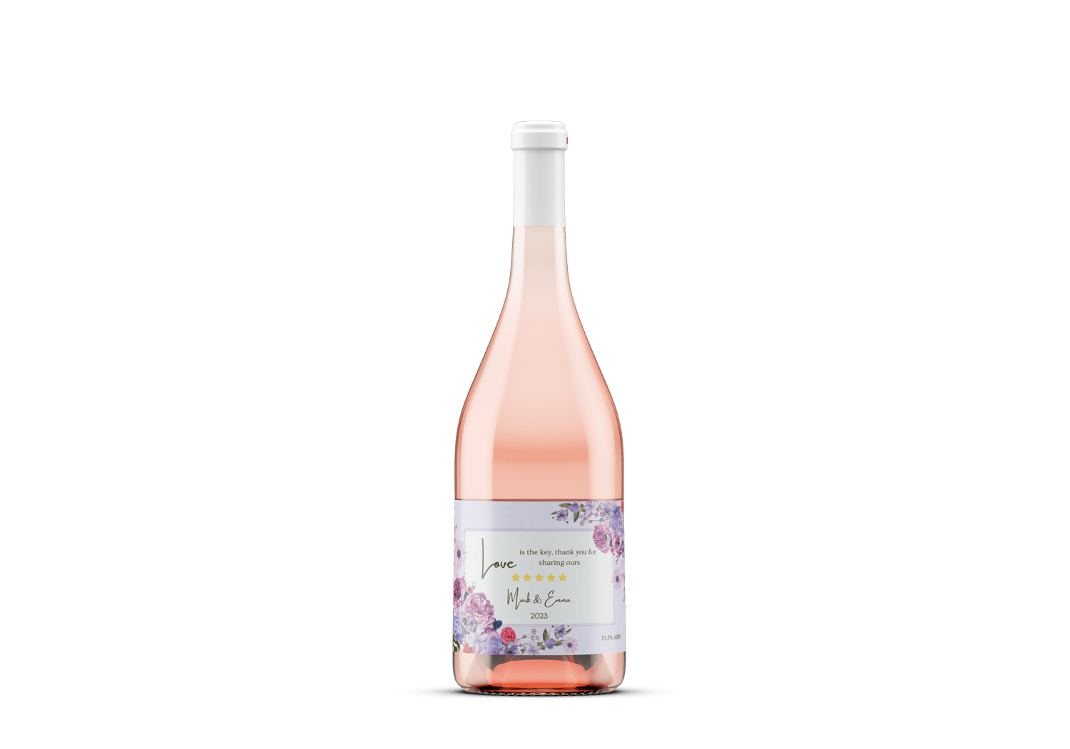 Purple Full Bloom Floral Sticker Label 6"x4" | Customizable Canva Template | Digital. Mock sticker on rose wine bottle