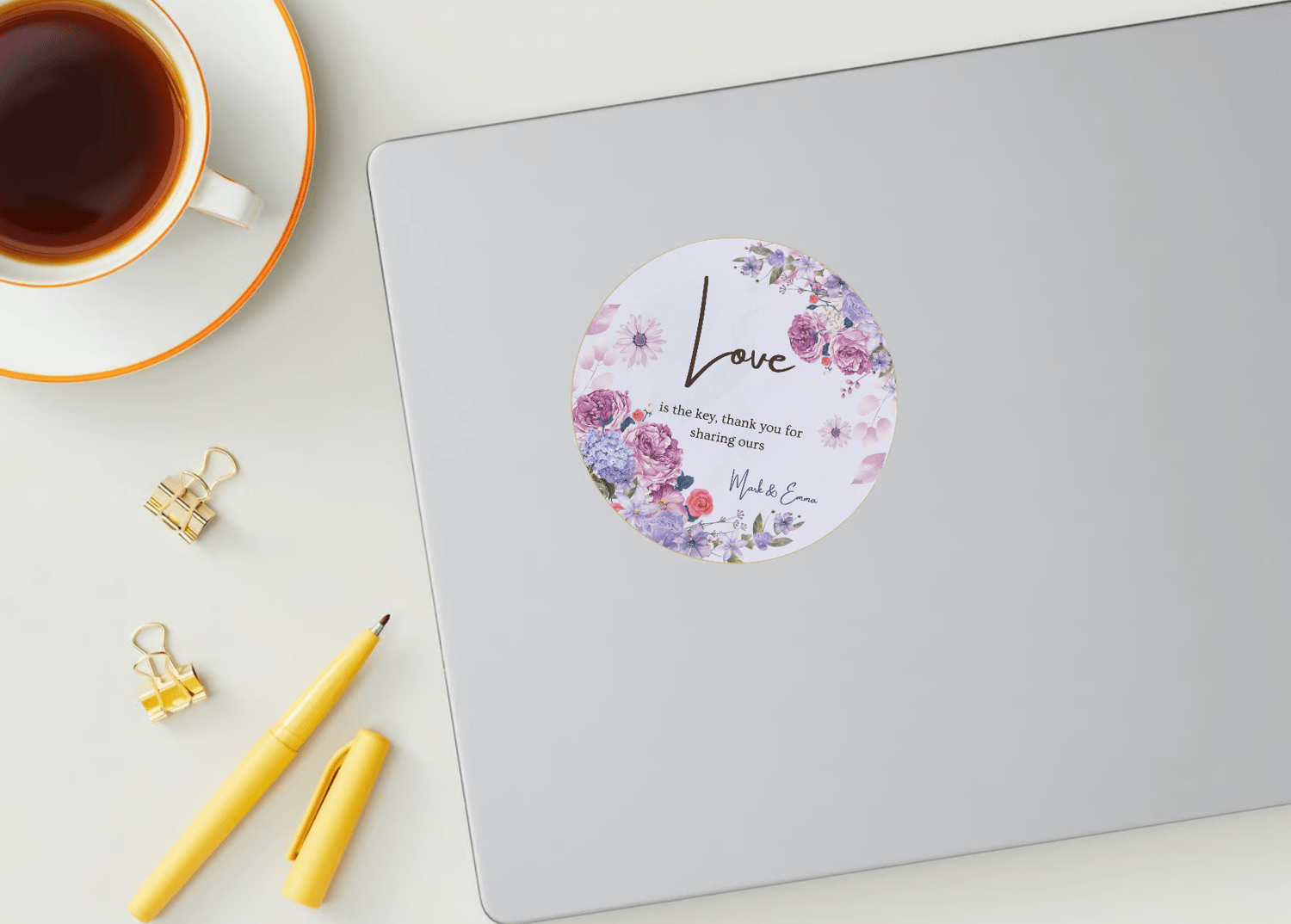 Purple Full Bloom Floral Circle Sticker | Customizable Canva Template | Digital. Mock sticker on laptop