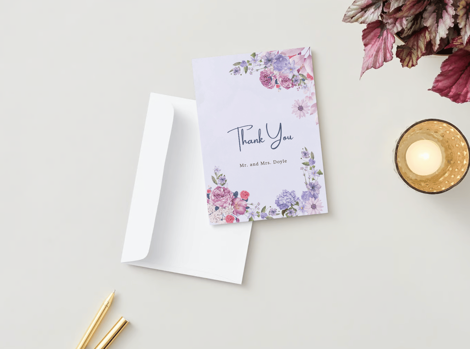 Purple Full Bloom Floral Folded Card Portrait | Customizable Canva Template | Digital. Mock outside front