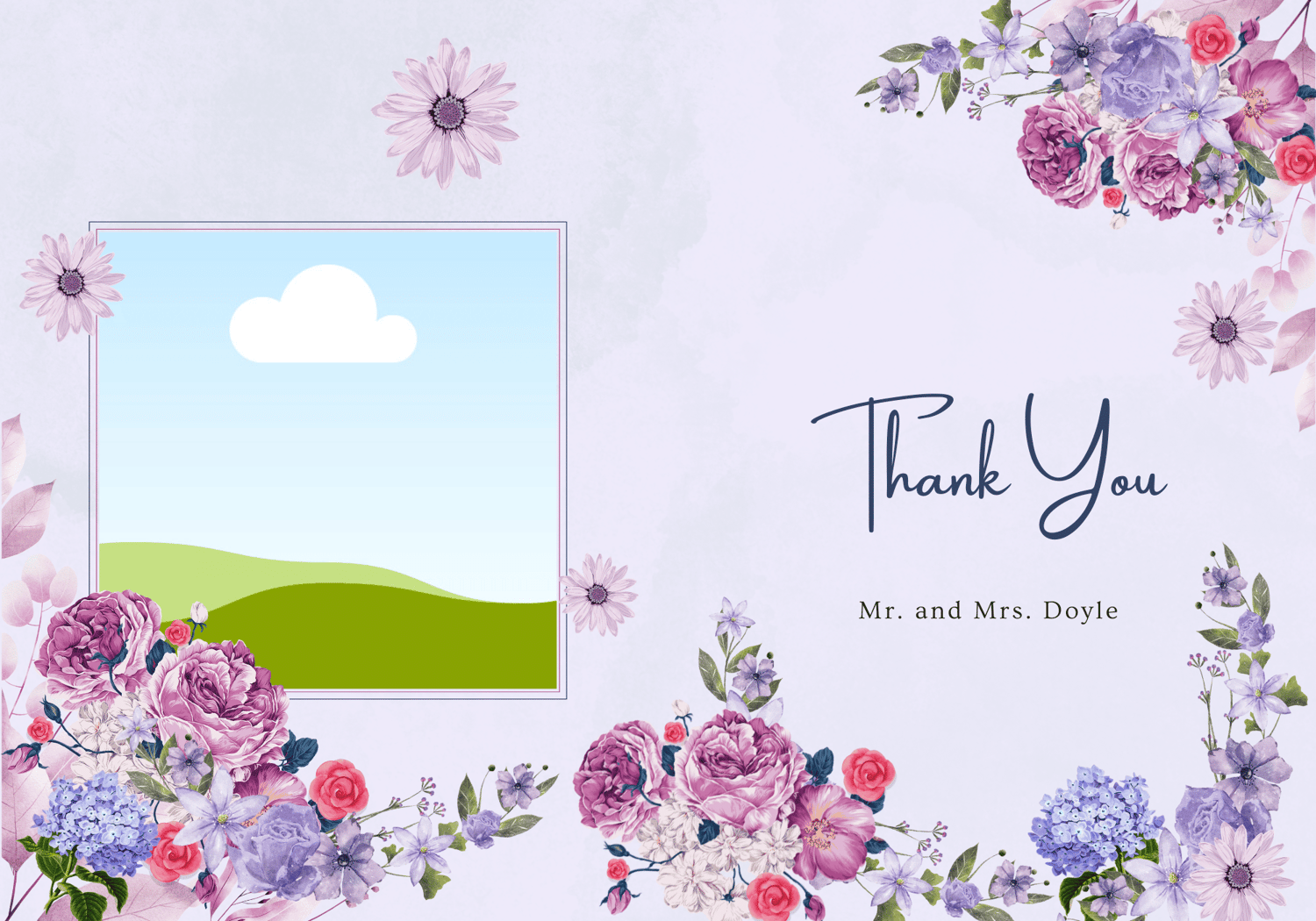 Purple Full Bloom Floral Folded Card Portrait | Customizable Canva Template | Digital. Outside design