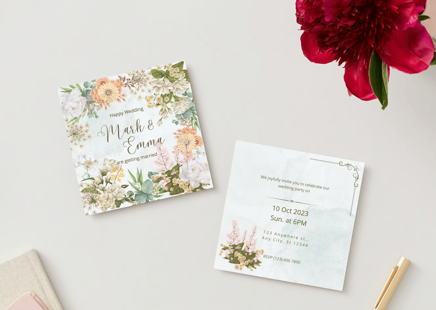 Vibrant Full Bloom Floral Invitation | Canva Template | Digital. Mock front and back