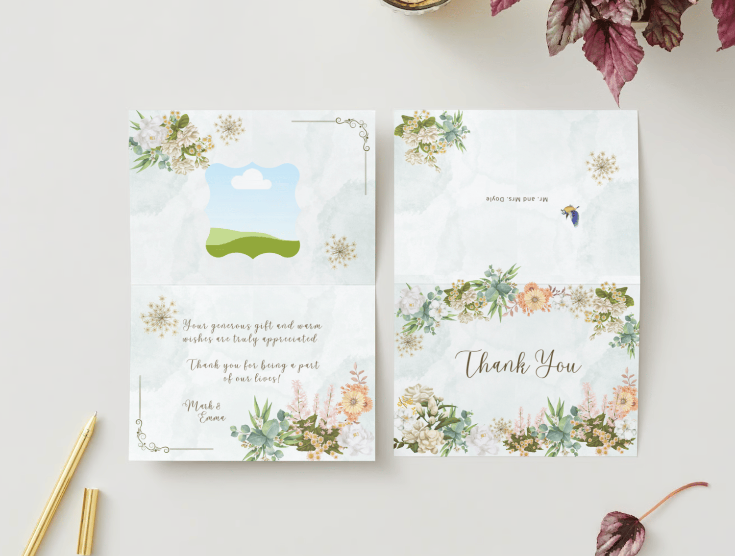 Vibrant Full Bloom Floral Folded Card Landscape | Customizable Canva Template | Digital. Mock outside and inside