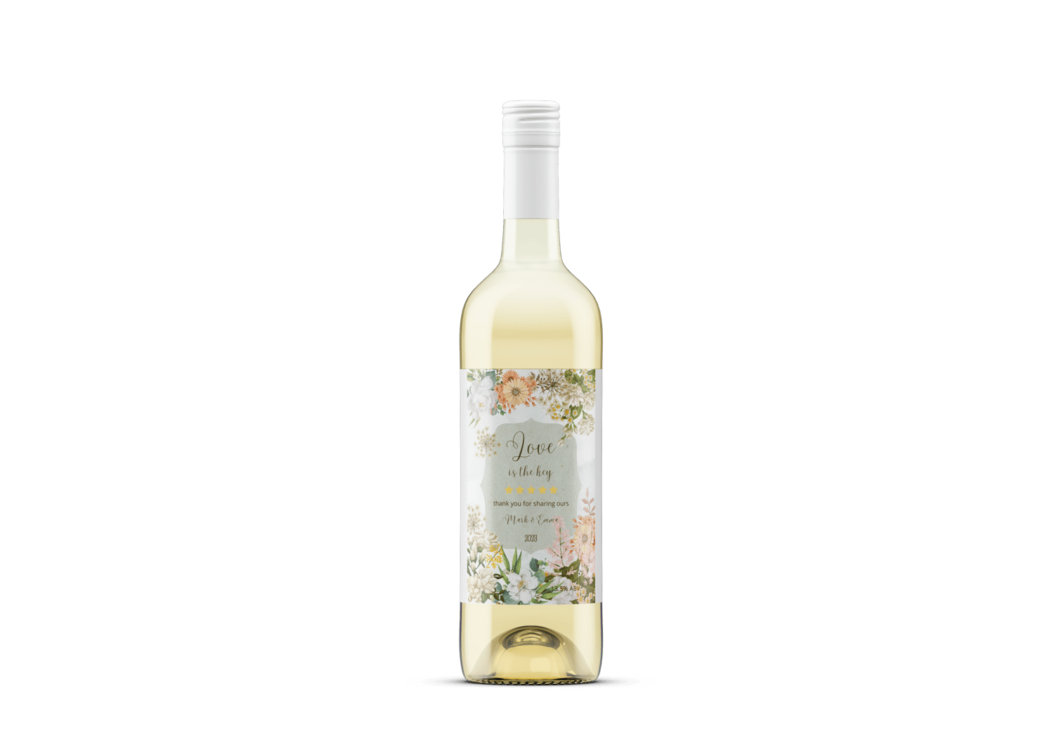 Vibrant Full Bloom Floral Sticker Label 4"x6" | Customizable Canva Template | Digital. Mock sticker on white wine bottle