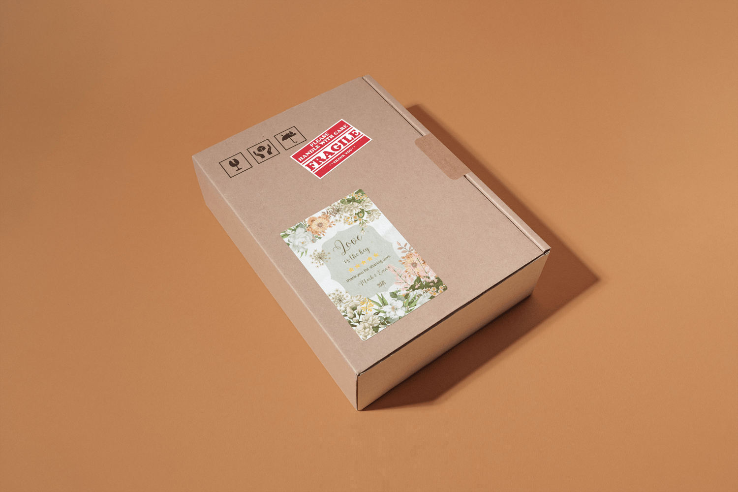 Vibrant Full Bloom Floral Sticker Label 4"x6" | Customizable Canva Template | Digital. Mock sticker on box