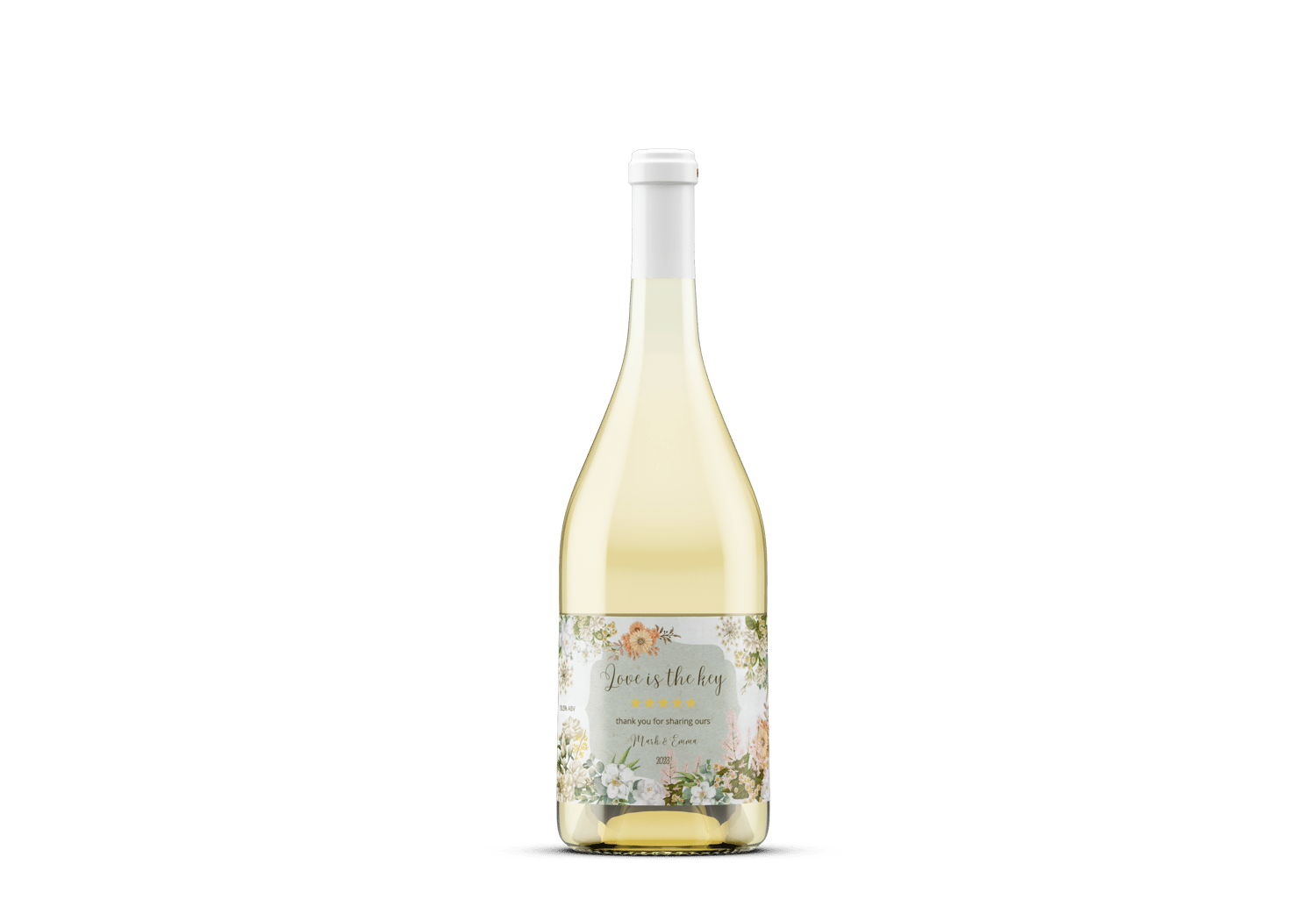 Vibrant Full Bloom Floral Sticker Label 6"x4" | Customizable Canva Template | Digital. Mock sticker on wine bottle