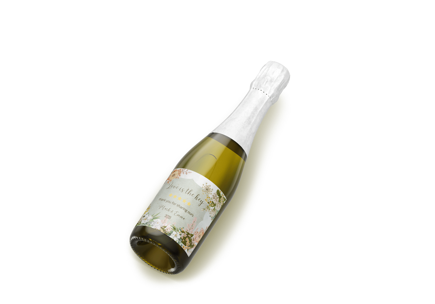 Vibrant Full Bloom Floral Sticker Label 4"x3" | Customizable Canva Template | Digital. Mock sticker on small wine bottle