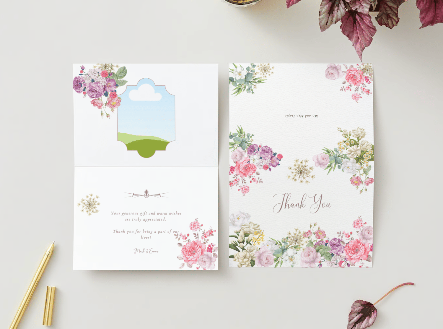 Lush Floral Folded Card Landscape | Customizable Canva Template | Digital. Mock outside and inside