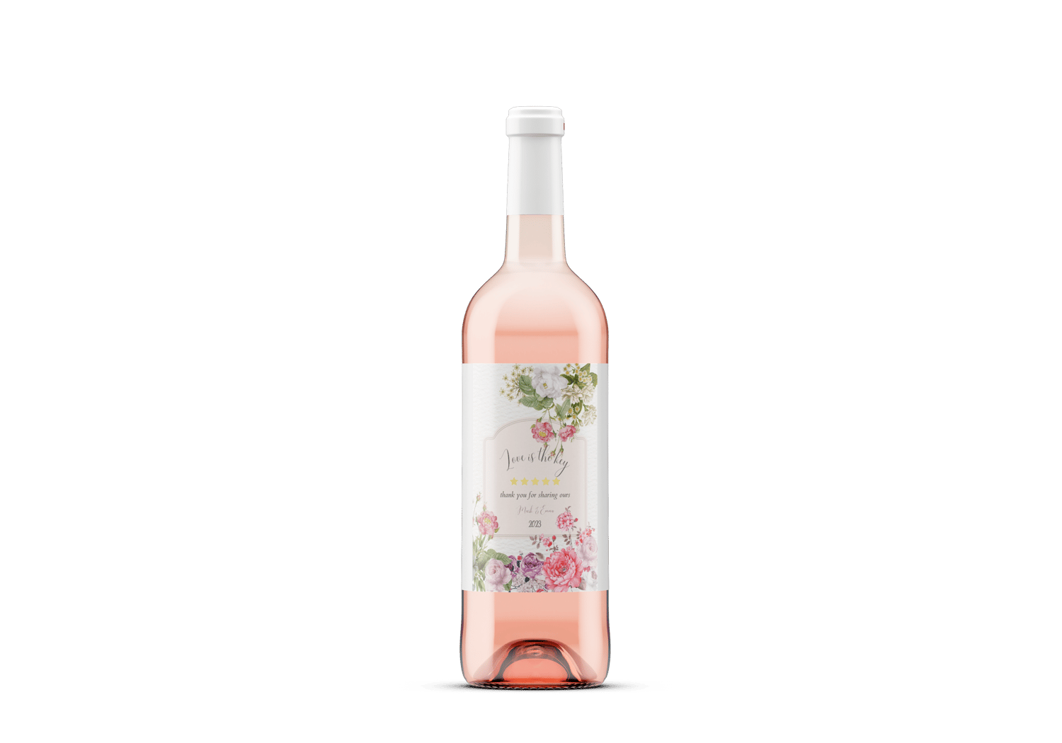 Lush Floral Sticker Label 4"x6" | Customizable Canva Template | Digital. Mock sticker on rose wine bottle
