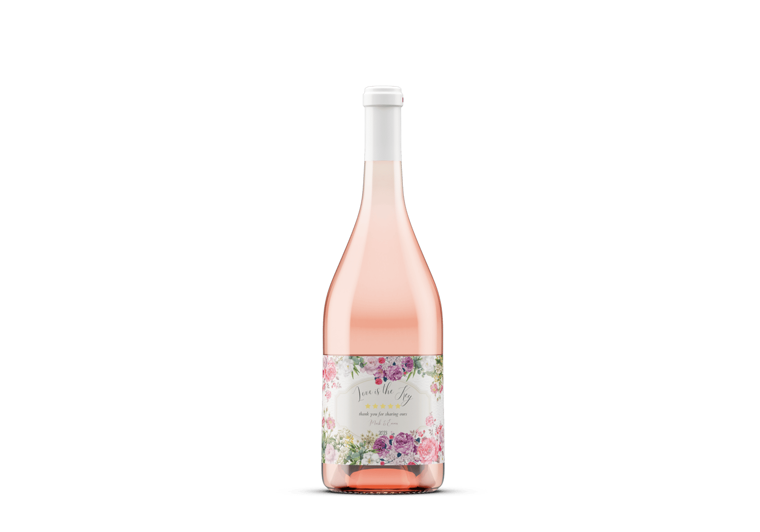 Lush Floral Sticker Label 6"x4" | Customizable Canva Template | Digital. Mock sticker on rose wine bottle