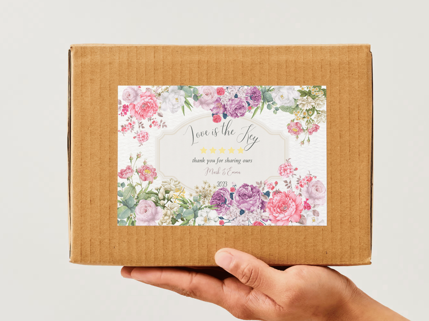 Lush Floral Sticker Label 6"x4" | Customizable Canva Template | Digital. Mock sticker on box