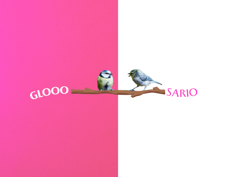 Collage de un par de pájaros pequeños en rama cantando. Fondo rosa y blanco con la palabra glosario