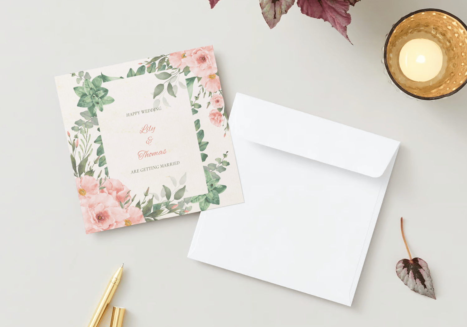 Elegant Pink Rose Wedding Invitation | Customizable Canva Template | Digital Download. Mock Front