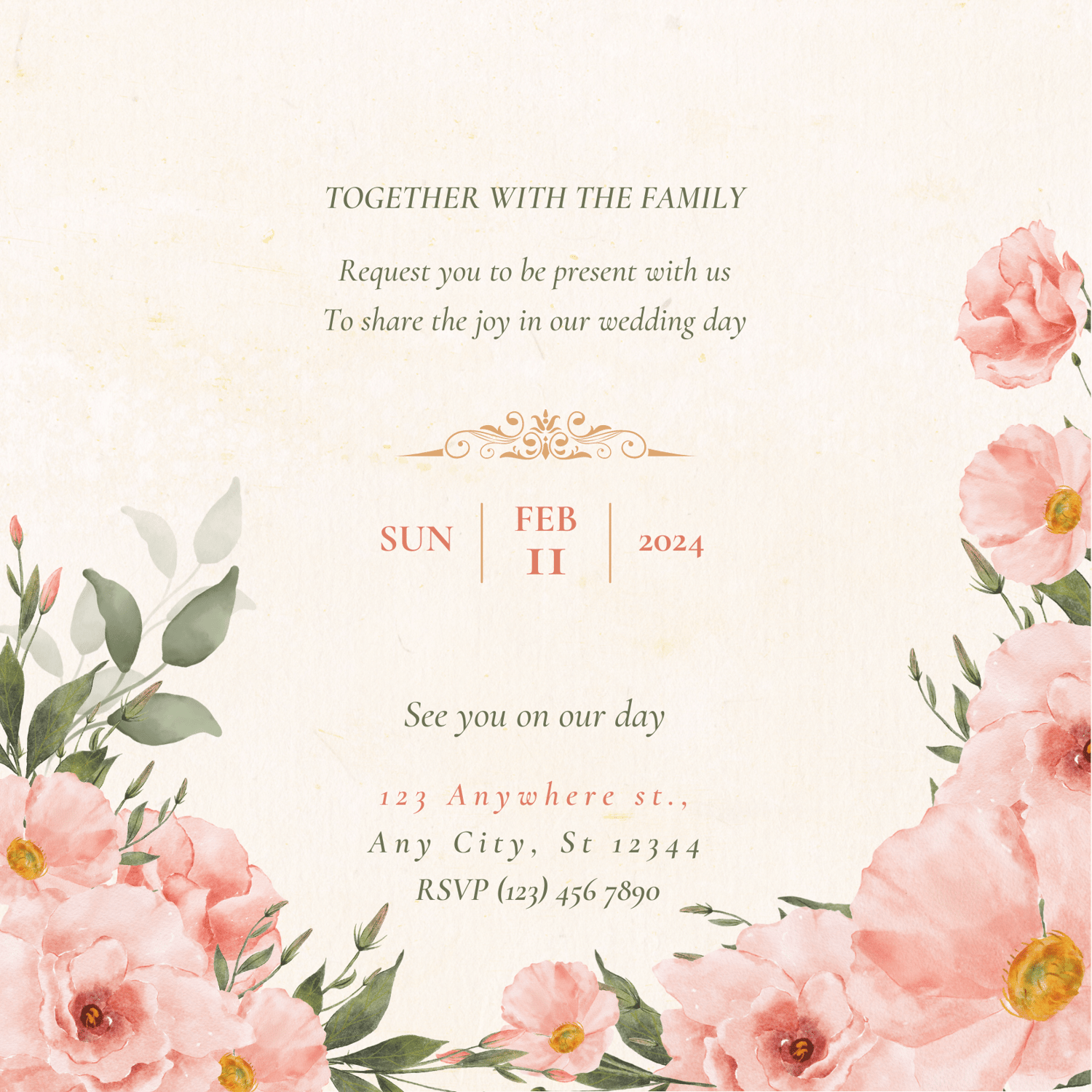 Elegant Pink Rose Wedding Invitation | Customizable Canva Template | Digital Download. Back Design