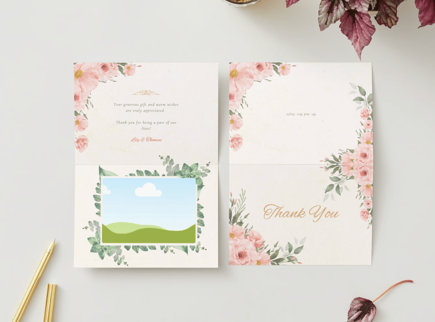 Elegant Pink Rose Wedding Folded Card Landscape | Customizable Canva Template | Digital Download. Mock Outside and Inside