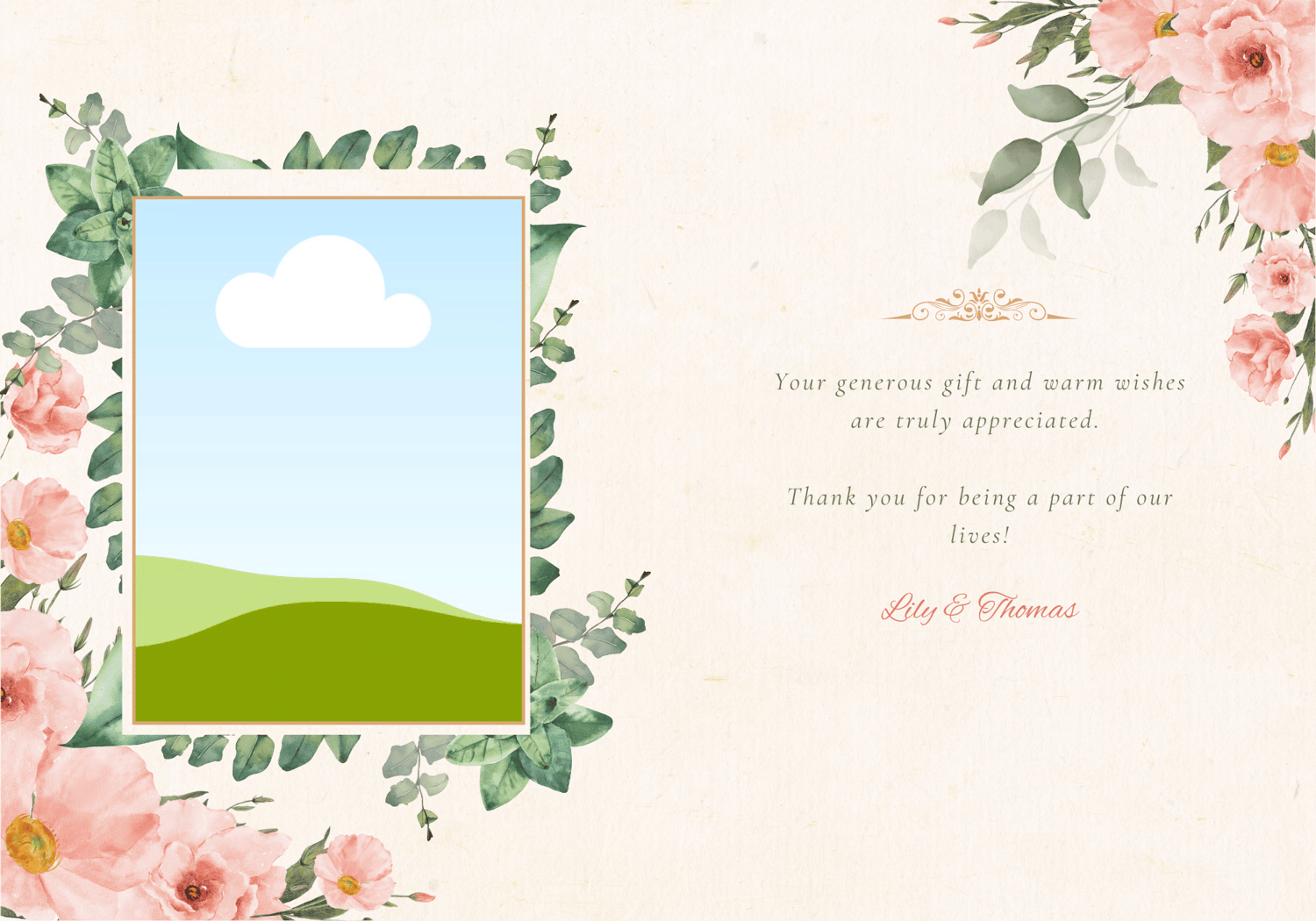 Elegant Pink Rose Wedding Folded Card Portrait | Customizable Canva Template | Digital Download. Inside