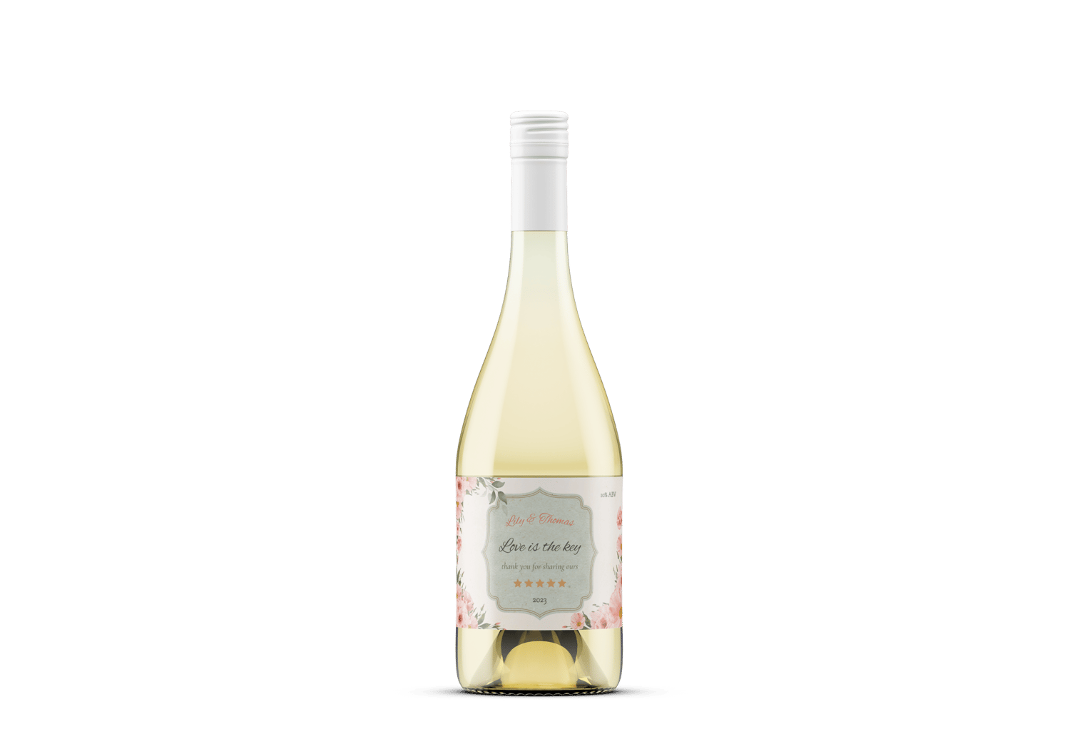 Elegant Pink Rose Wedding Sticker Label 6"x4" | Customizable Canva Template | Digital Download. Mock sticker on wine bottle