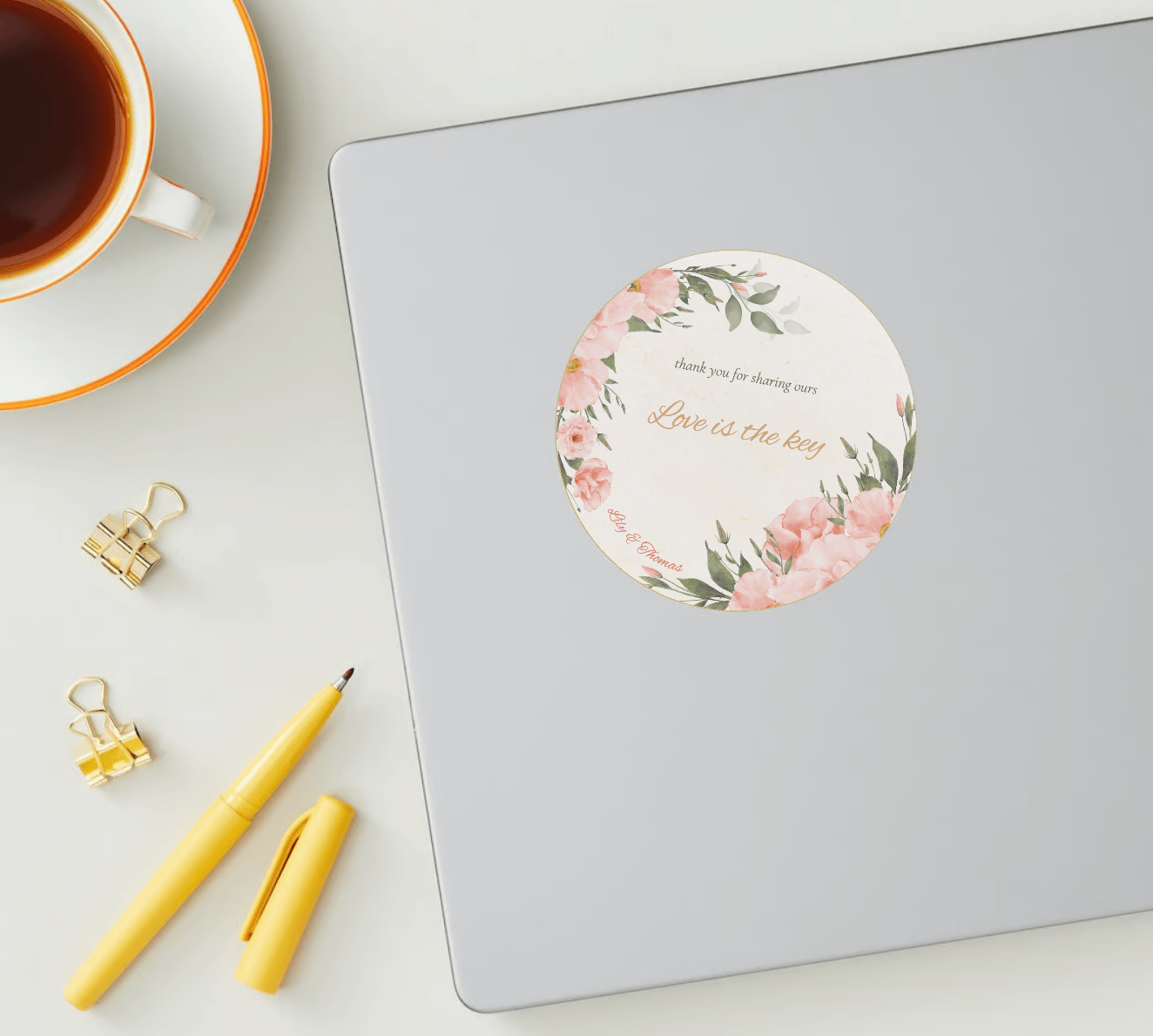 Elegant Pink Rose Wedding Circle Sticker | Customizable Canva Template | Digital Download. Mock sticker on laptop