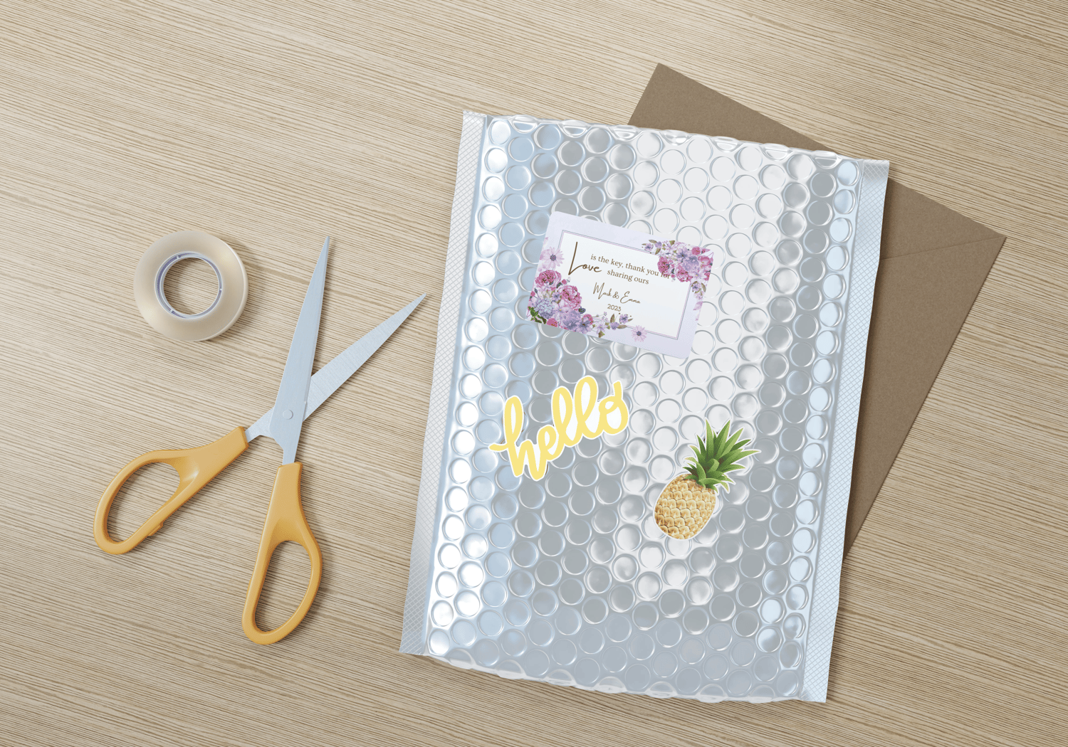 Purple Full Bloom Floral Sticker Label 3"x2" | Customizable Canva Template | Digital. Mock sticker on envelope